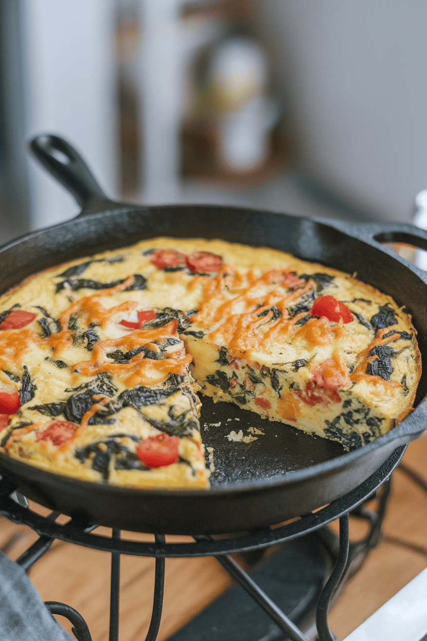 Indoor photo of an iron skillet containing a sliced frittata dotted with spinach, tomatoes, and cheese, resting on a trivet. No logos visible.