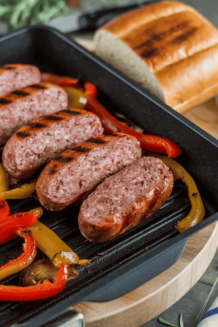 An indoor grill-pan view of sliced Italian sausage links nestled with sautéed bell peppers and onions in a toasted hoagie roll. Photo, not illustration. No text or logos.
