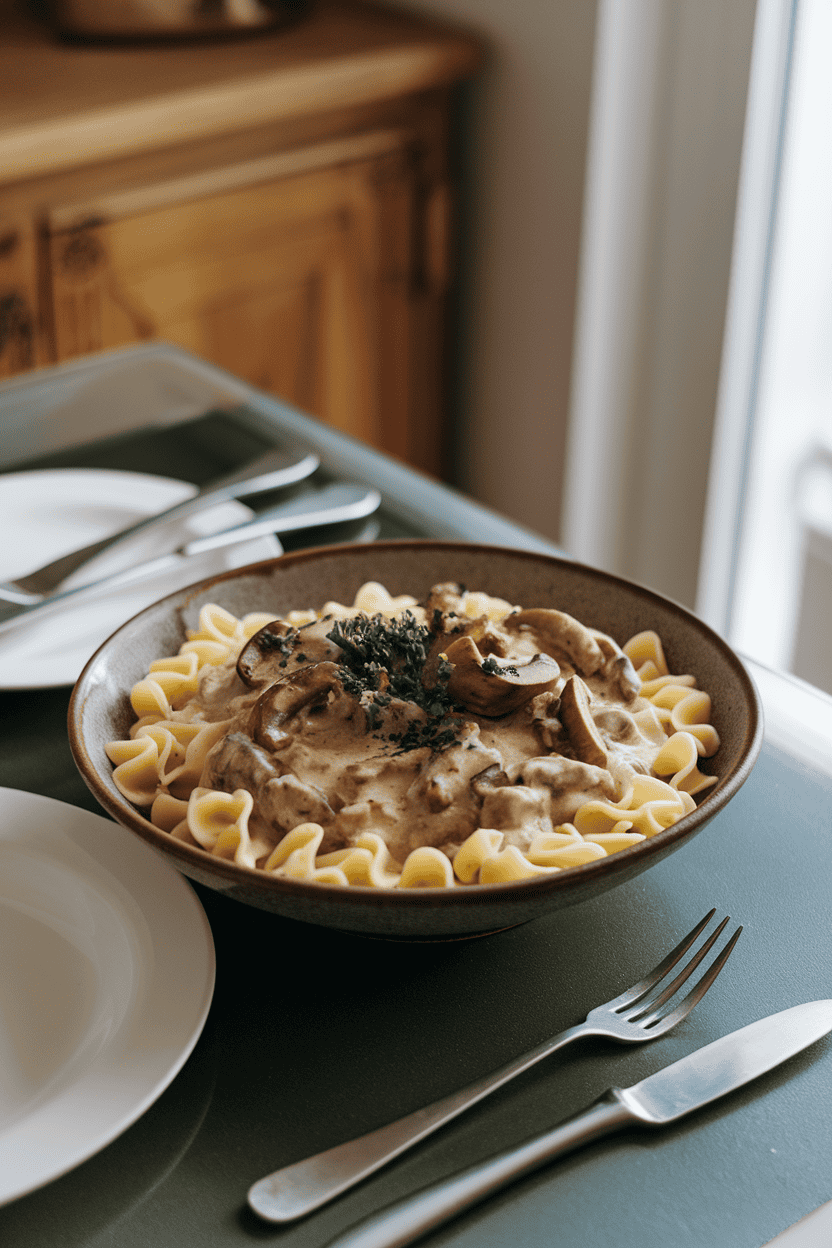 A bowl of creamy mushroom stroganoff over egg noodles on an indoor dining table, parsley sprinkled on top. No text or logos present.