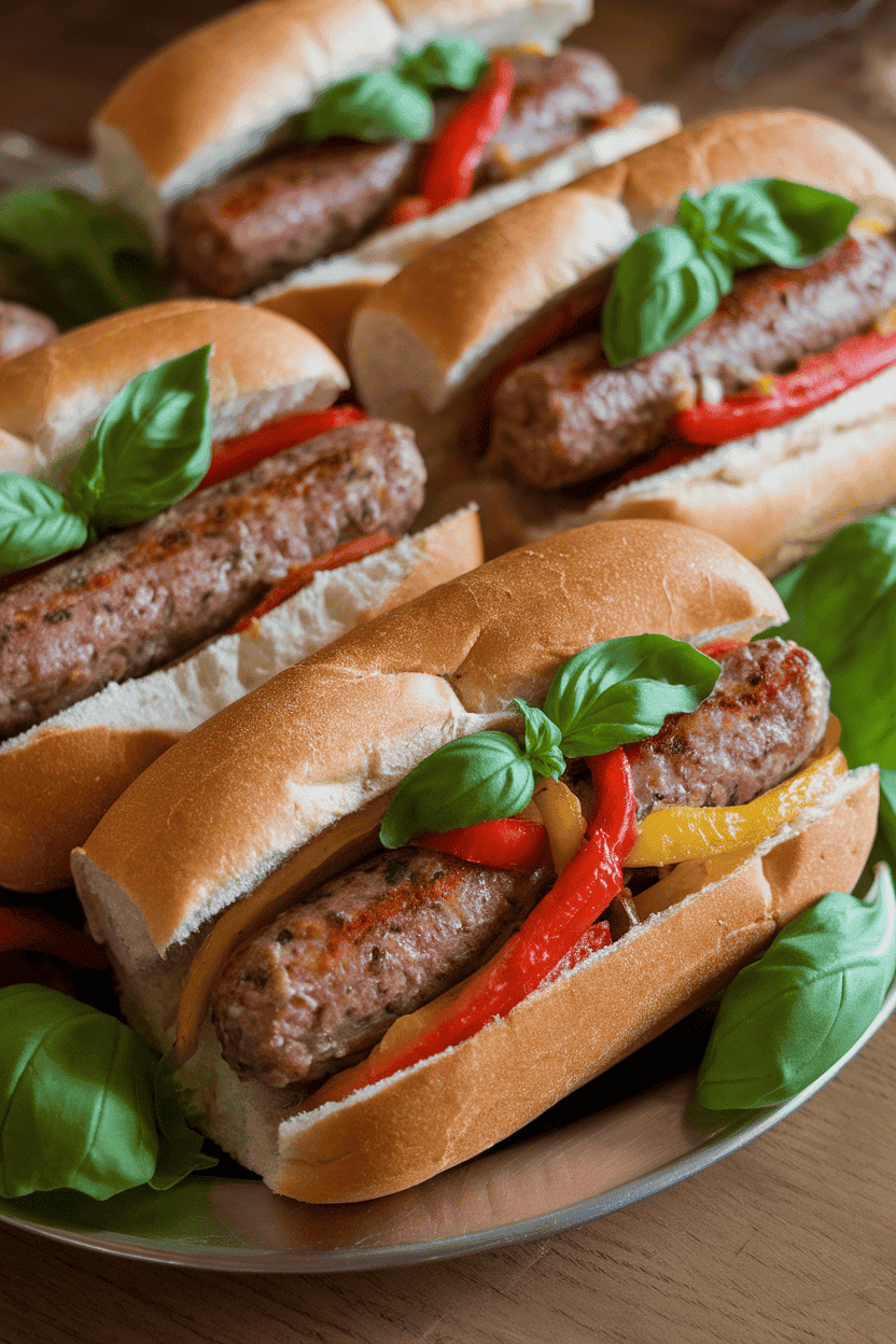 A platter indoors with hoagie rolls stuffed with cooked Italian sausage, sautéed peppers, and onions—photo, no text or logos.