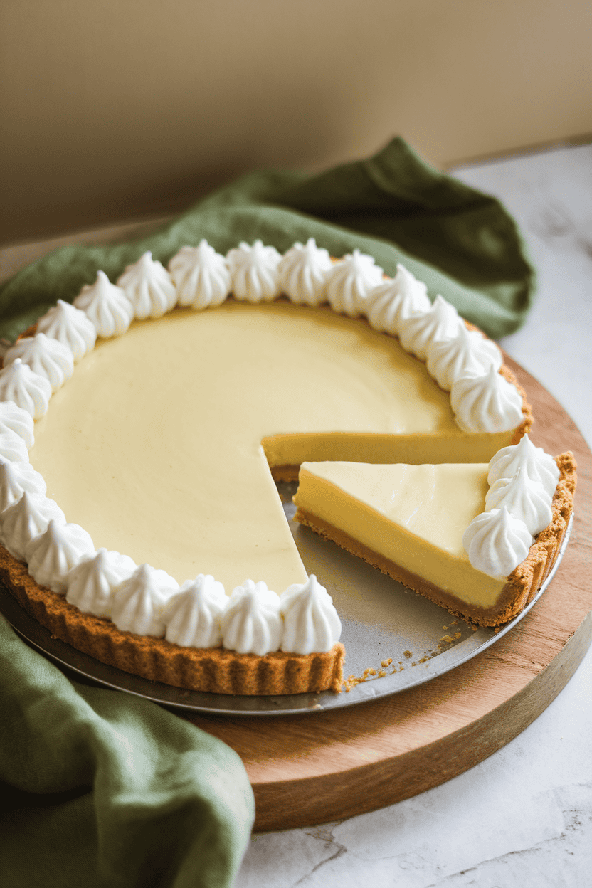 Indoor photo of a key lime pie with smooth pale filling and piped whipped cream around the edge, one slice slightly pulled out; bright yet soft light; no text or logos