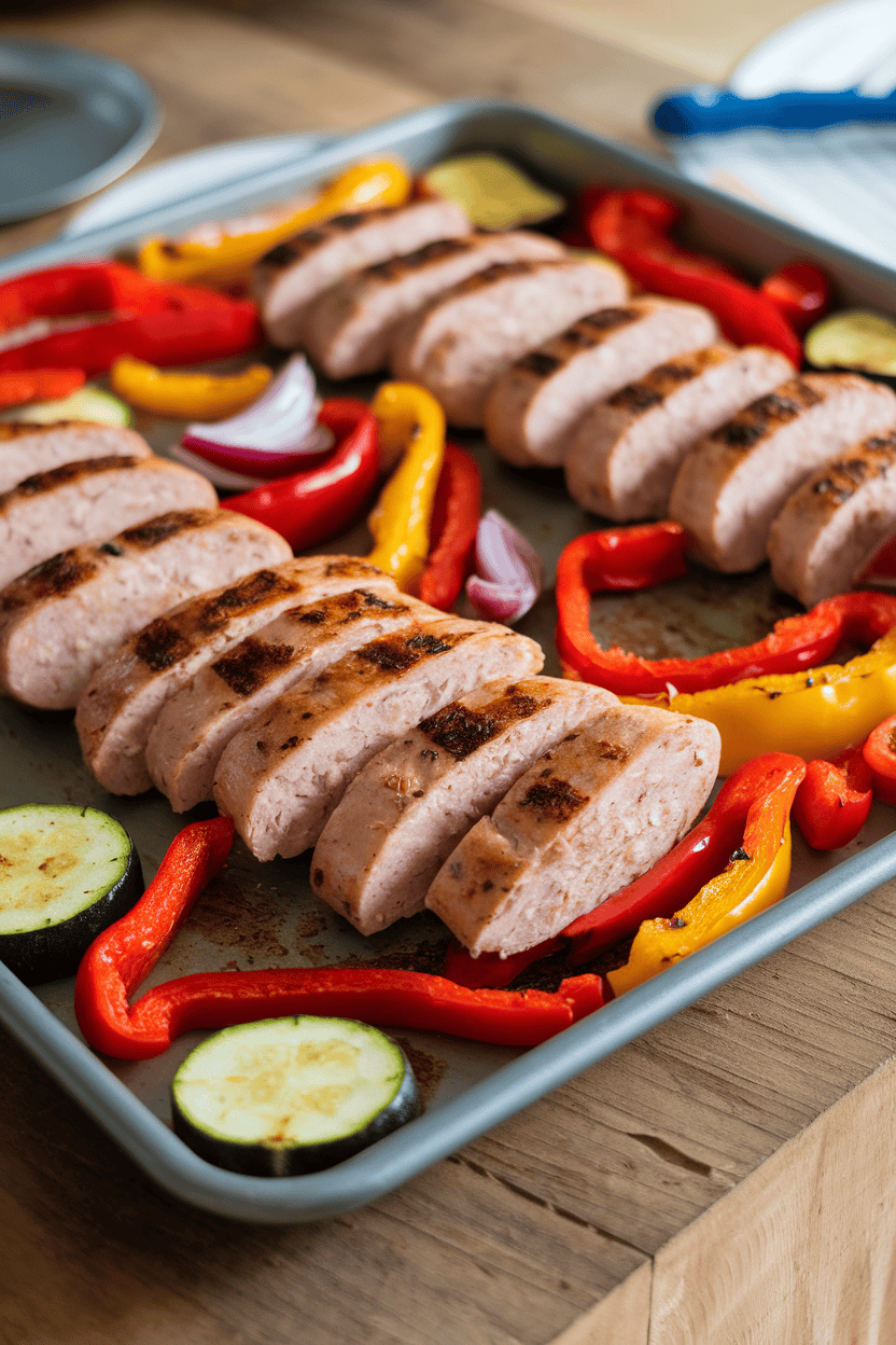 Indoor table featuring a sheet pan of sliced chicken sausage, red and yellow bell peppers, zucchini, and red onion, all roasted and lightly charred. No text or logos.