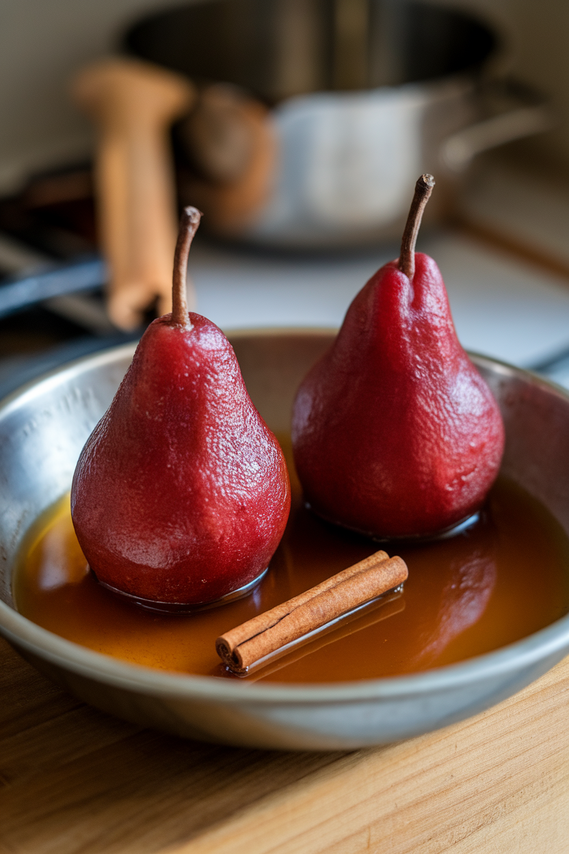 Indoor photo of two whole poached pears standing upright in a shallow bowl with ruby red spiced syrup pooled around; cinnamon stick garnish; no text or logos. Photo, not illustration.