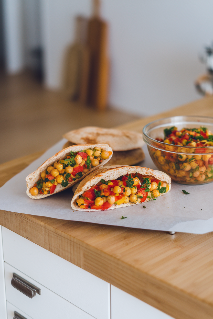 Indoor countertop featuring open pita halves stuffed with colorful chickpea salad of diced peppers and herbs. No branding present.