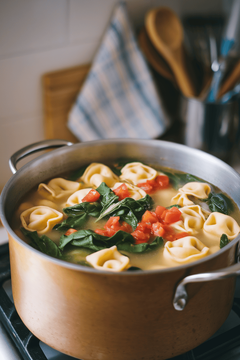 Indoor stovetop shot of a pot of broth-based soup with plump tortellini, wilted spinach leaves, and diced tomatoes floating on top. No logos or text, gentle warm light. Photo only.