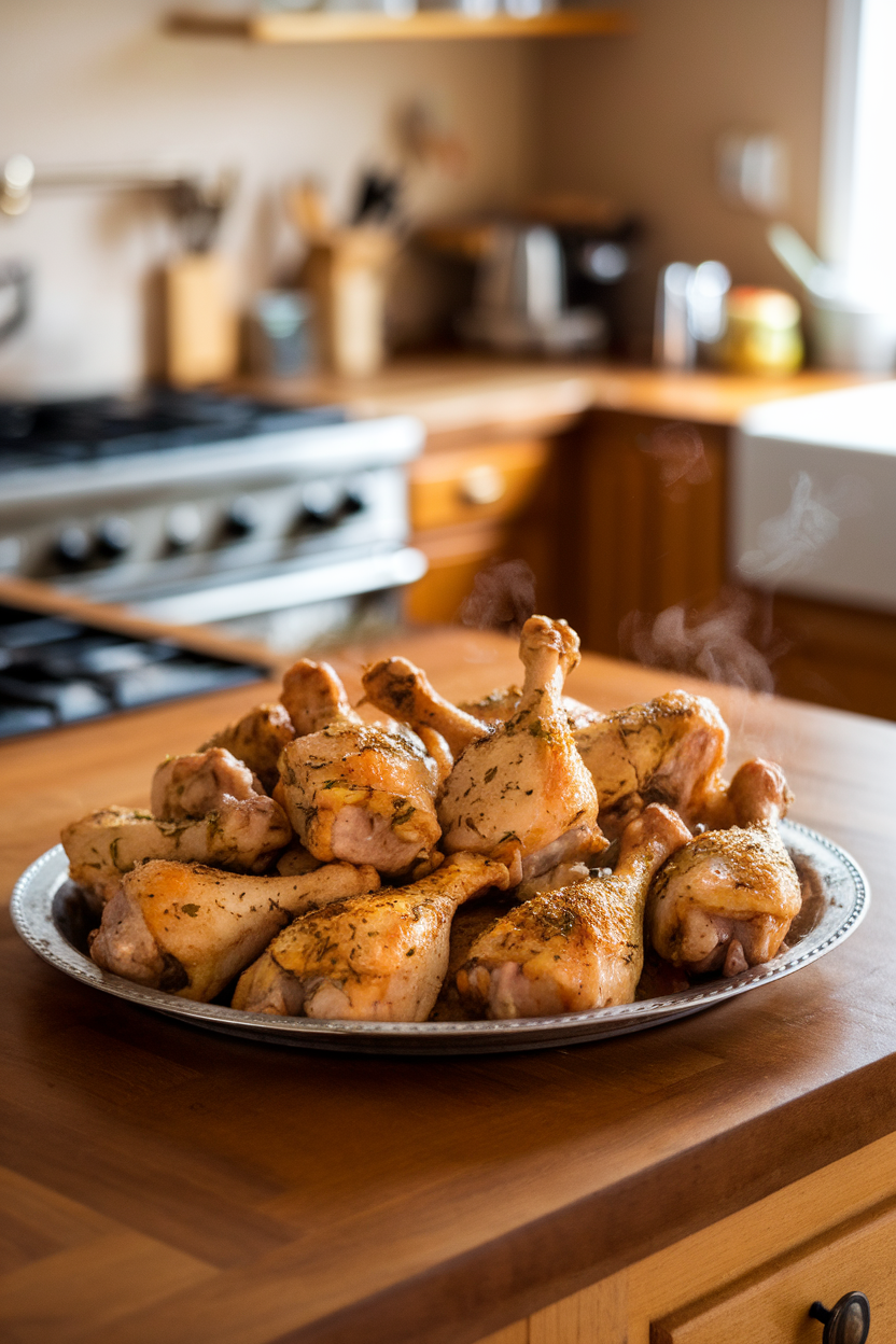 Warm indoor kitchen island featuring a platter of cooked, golden-brown chicken drumsticks with a light herb rub, no sauce dripping, steam faintly visible. No text or logos.