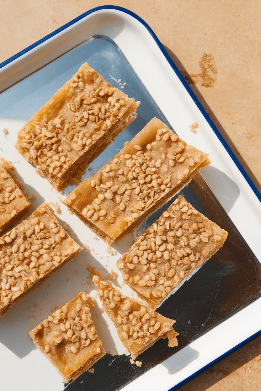 Indoor photo of rectangular sesame-seed honey bars broken into shards on a white tray, overhead light, no text or logos