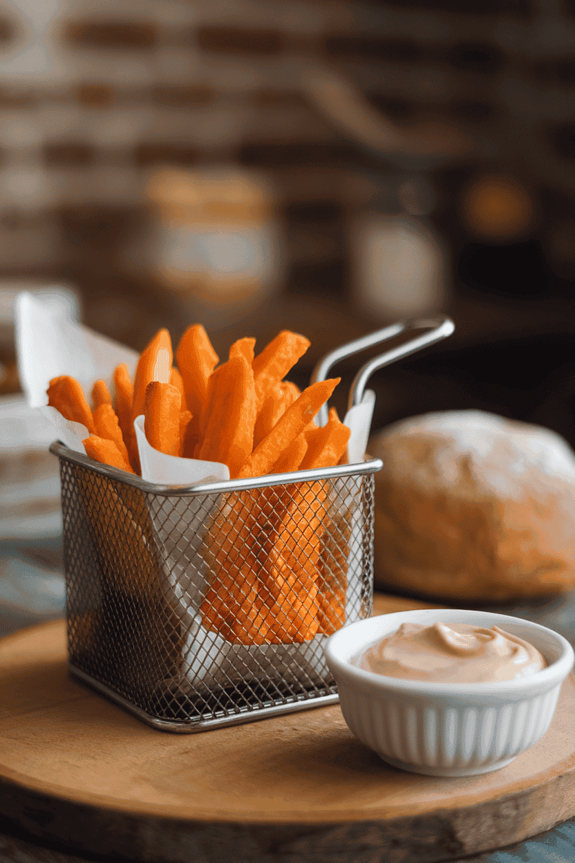 An indoor metal basket holding crispy orange sweet potato fries with a side of chipotle mayo dip. Photo, not illustration. No text or logos.