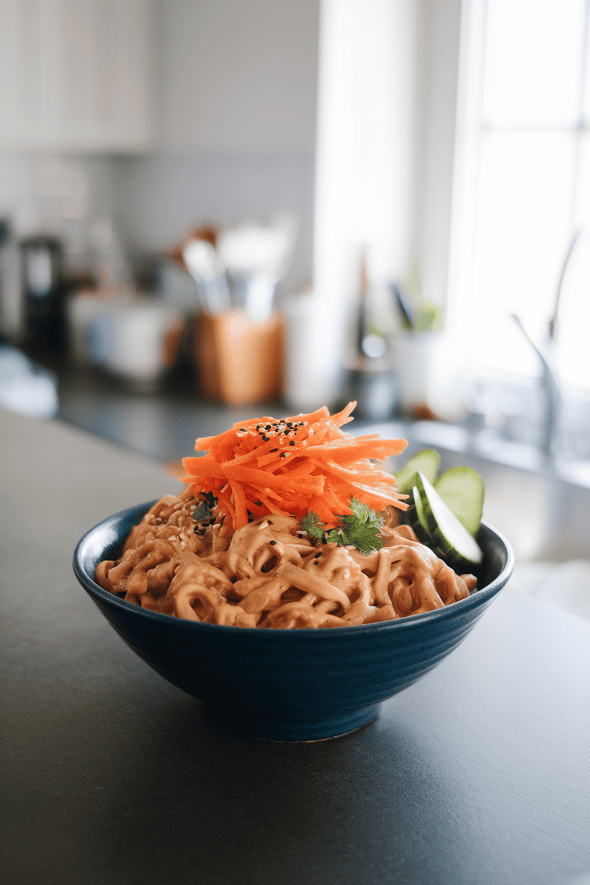 Indoor kitchen island with a chilled bowl of noodles coated in creamy peanut sauce, topped with shredded carrots, cucumbers, and sesame seeds. No logos or text, natural indoor light. Photo only.