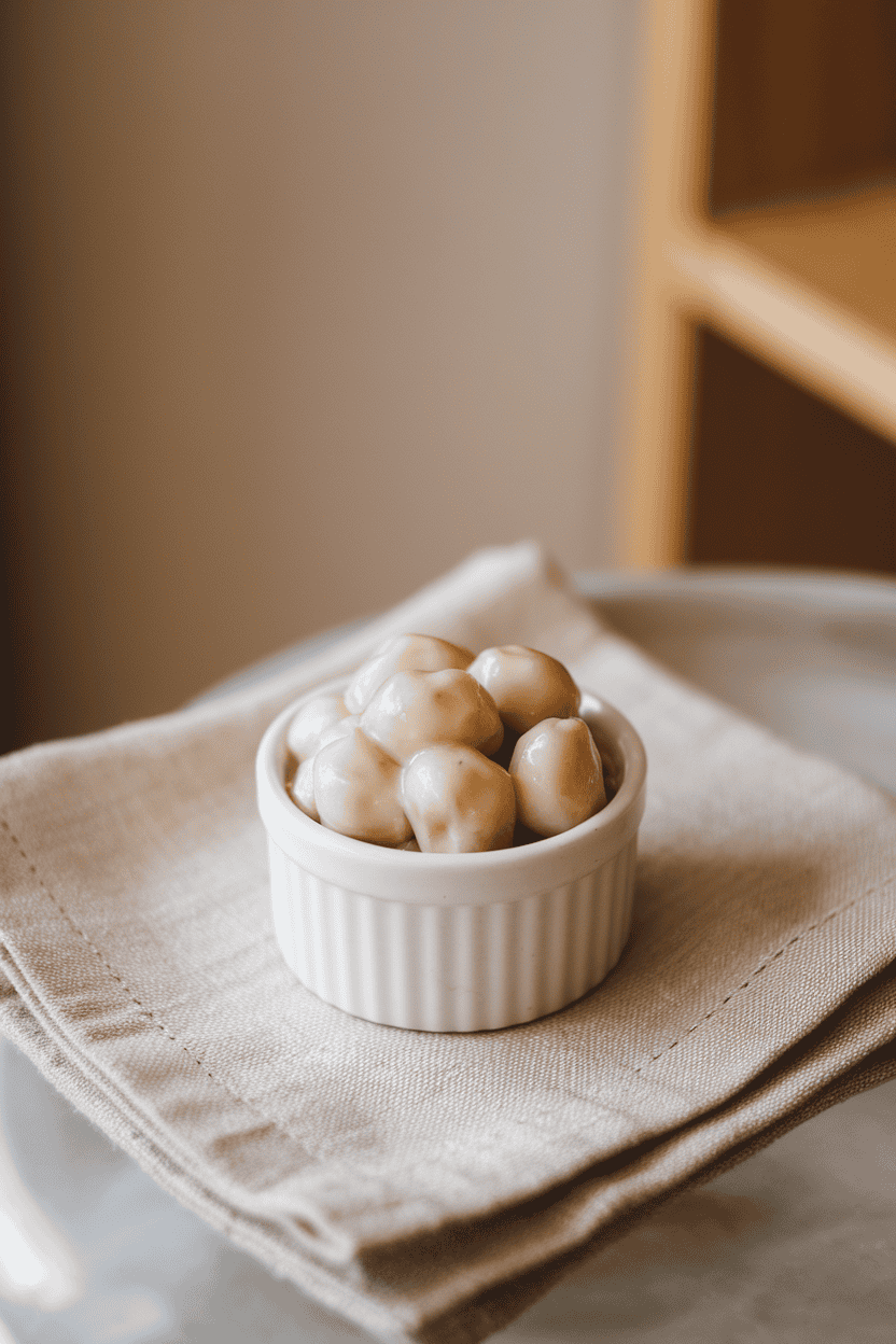 Small indoor ramekin filled with glossy yogurt-covered raisins on a neutral linen napkin. Soft lighting, no text or logos, photo only.
