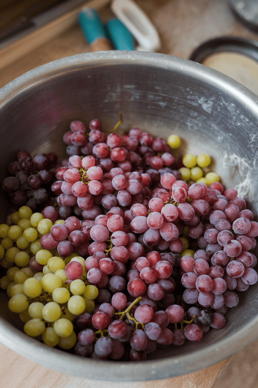 Photo prompt: Indoor bowl heaped with frost-kissed red and green grapes; no text or logos.