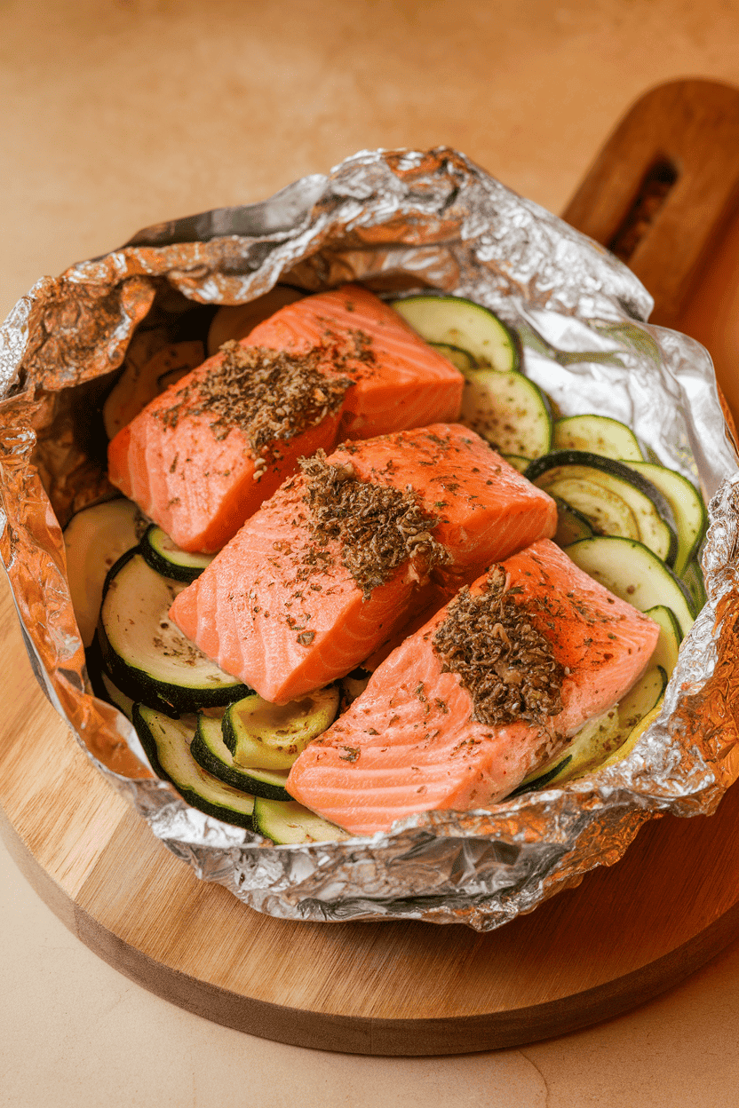 Warm indoor photo showing cooked salmon sprinkled with Italian herb blend, surrounded by zucchini ribbons inside foil. No text or logos present.