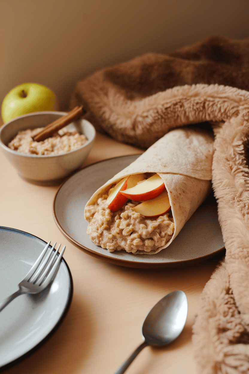 Warm indoor breakfast table featuring a burrito stuffed with creamy cinnamon oatmeal and sautéed apples. No text or logos. Photo, not illustration.