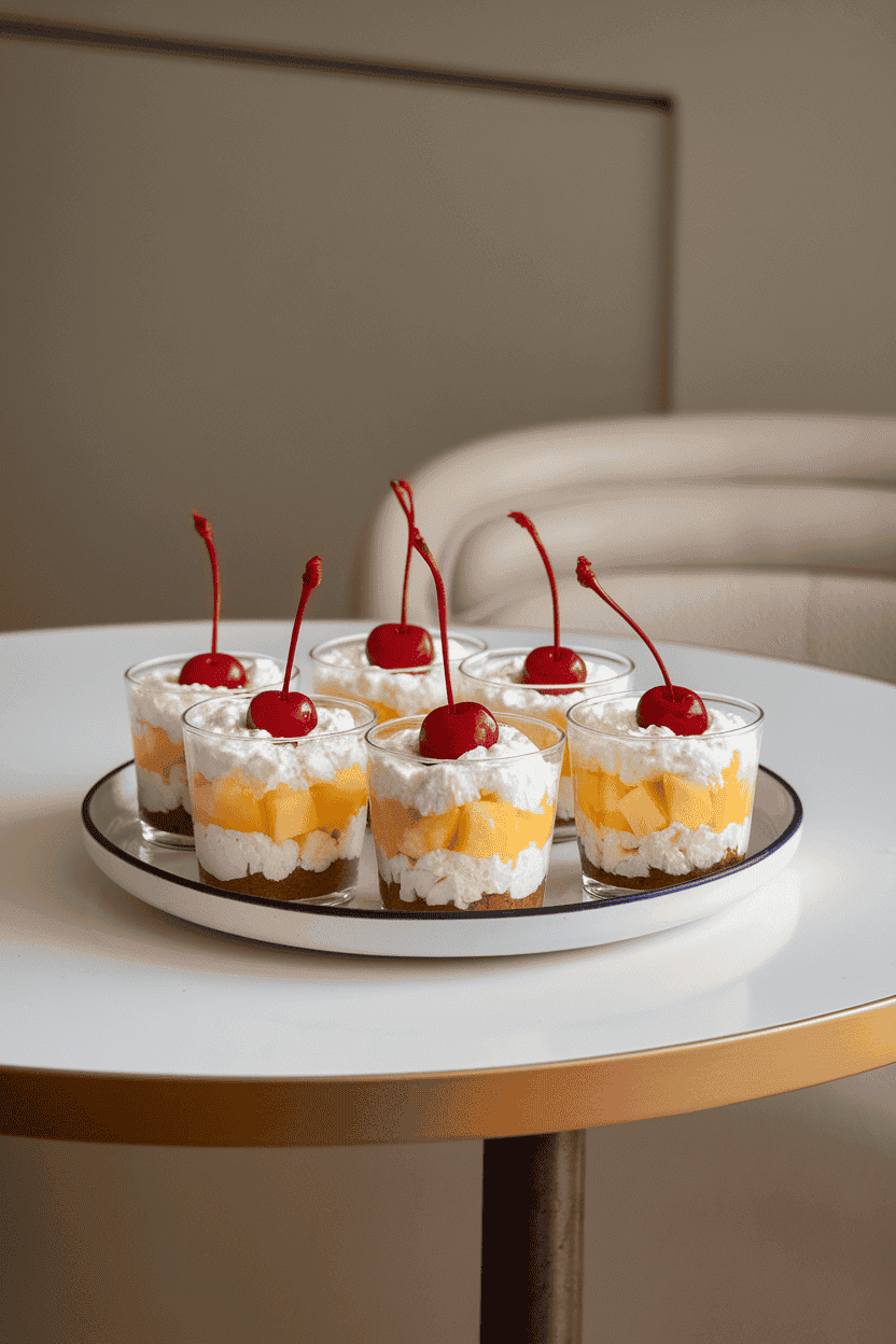 Indoor table with small clear cups layered with cottage cheese, pineapple chunks, and a cherry on top. Neutral background, no text or logos, photo only.