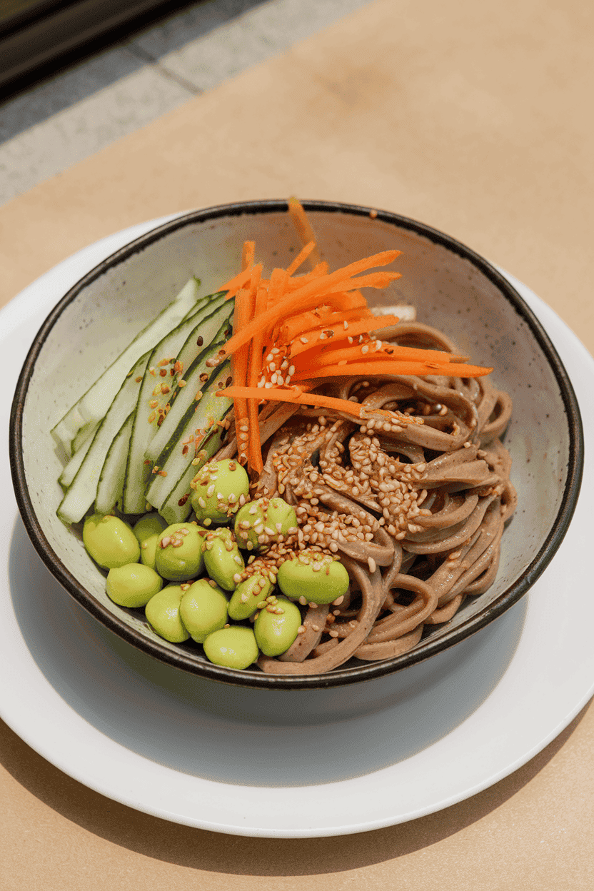 Indoor photo of a shallow bowl with sesame-dressed soba noodles, julienned cucumber, carrot, and edamame sprinkled with sesame seeds. Bright lighting; no text or logos on dishware.