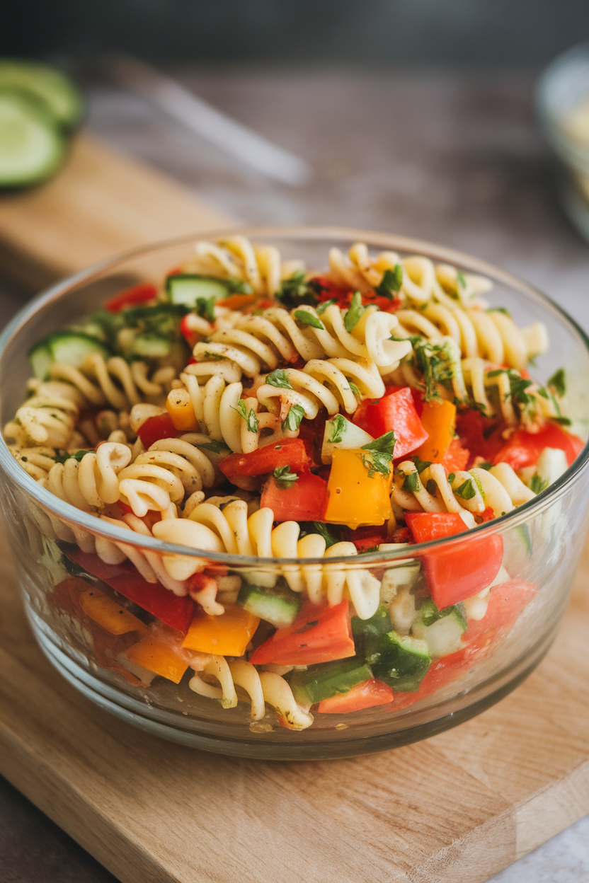 Indoors, a glass bowl filled with colorful rotini tossed with diced tomatoes, bell peppers, cucumbers, and herbs, lightly glistening with vinaigrette. No text or logos present.