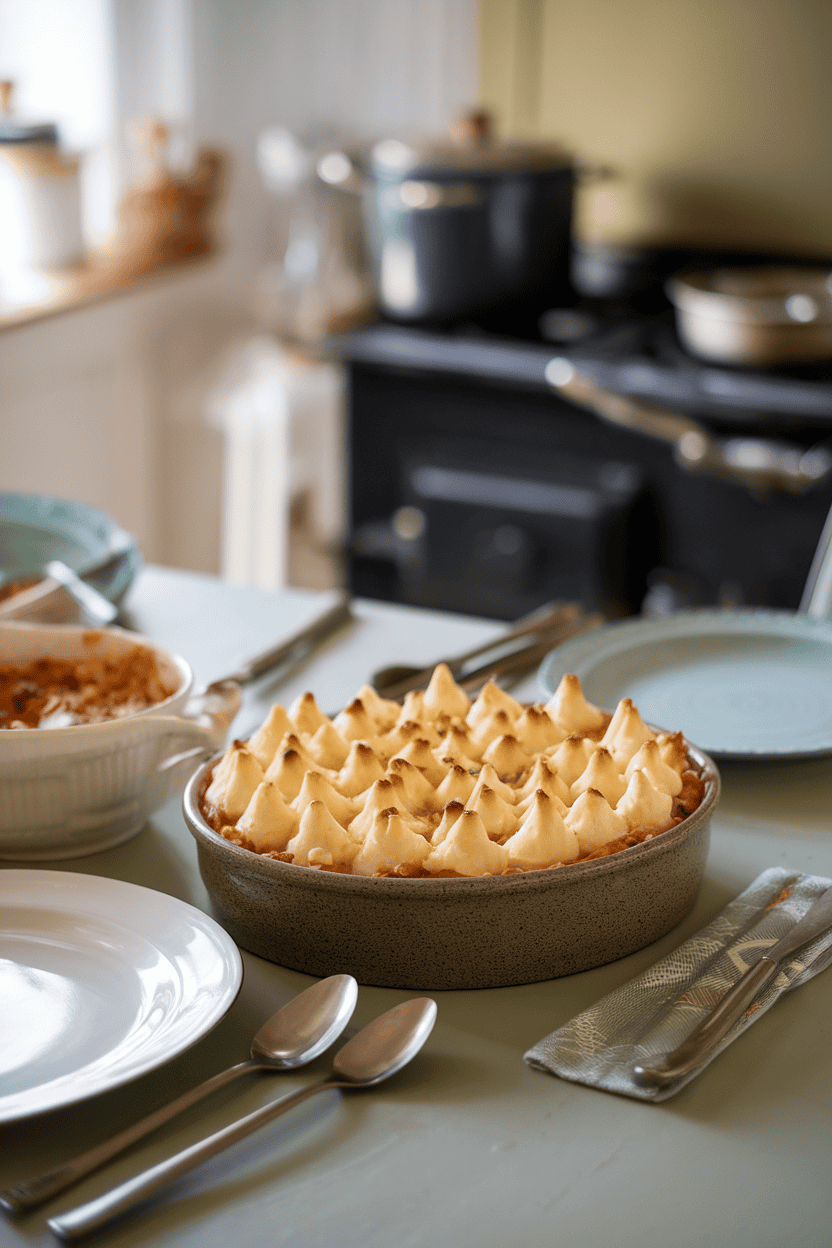 A family-style indoor table showing a casserole of beef shepherd’s pie with mashed-potato peaks lightly browned; photo, no text or logos.