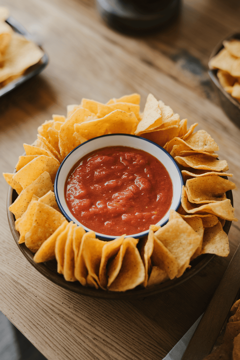 An indoor serving bowl of chunky tomato salsa surrounded by a ring of yellow corn chips on a wooden table; soft overhead lighting, no text or logos. Photo, not illustration.