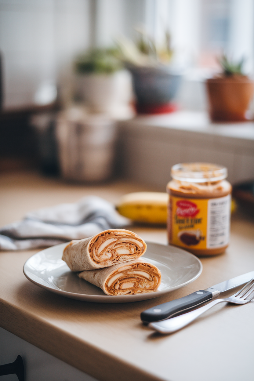 A softly lit indoor kitchen counter showing a sliced peanut butter and banana tortilla wrap, swirled layers visible, on a plain white plate. No text or logos in view.