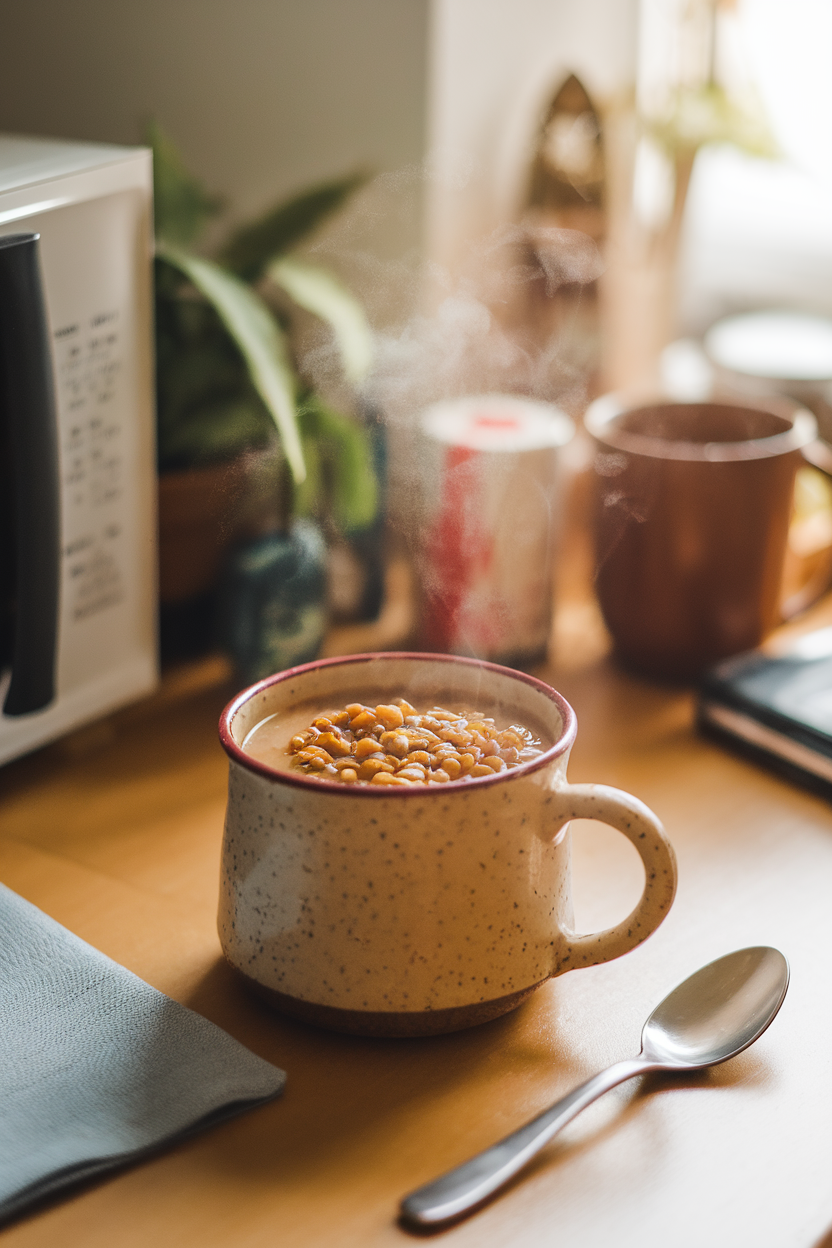 Photo — an indoor office microwave nook featuring a ceramic mug filled with steaming lentil soup, a spoon resting beside it. Warm, cozy lighting; no text or logos present.