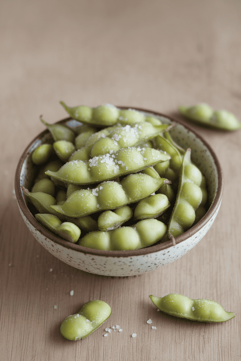 Indoor image of small paper cups filled with cooked, chilled edamame pods lightly dusted with sea salt. Neutral background, no logos.