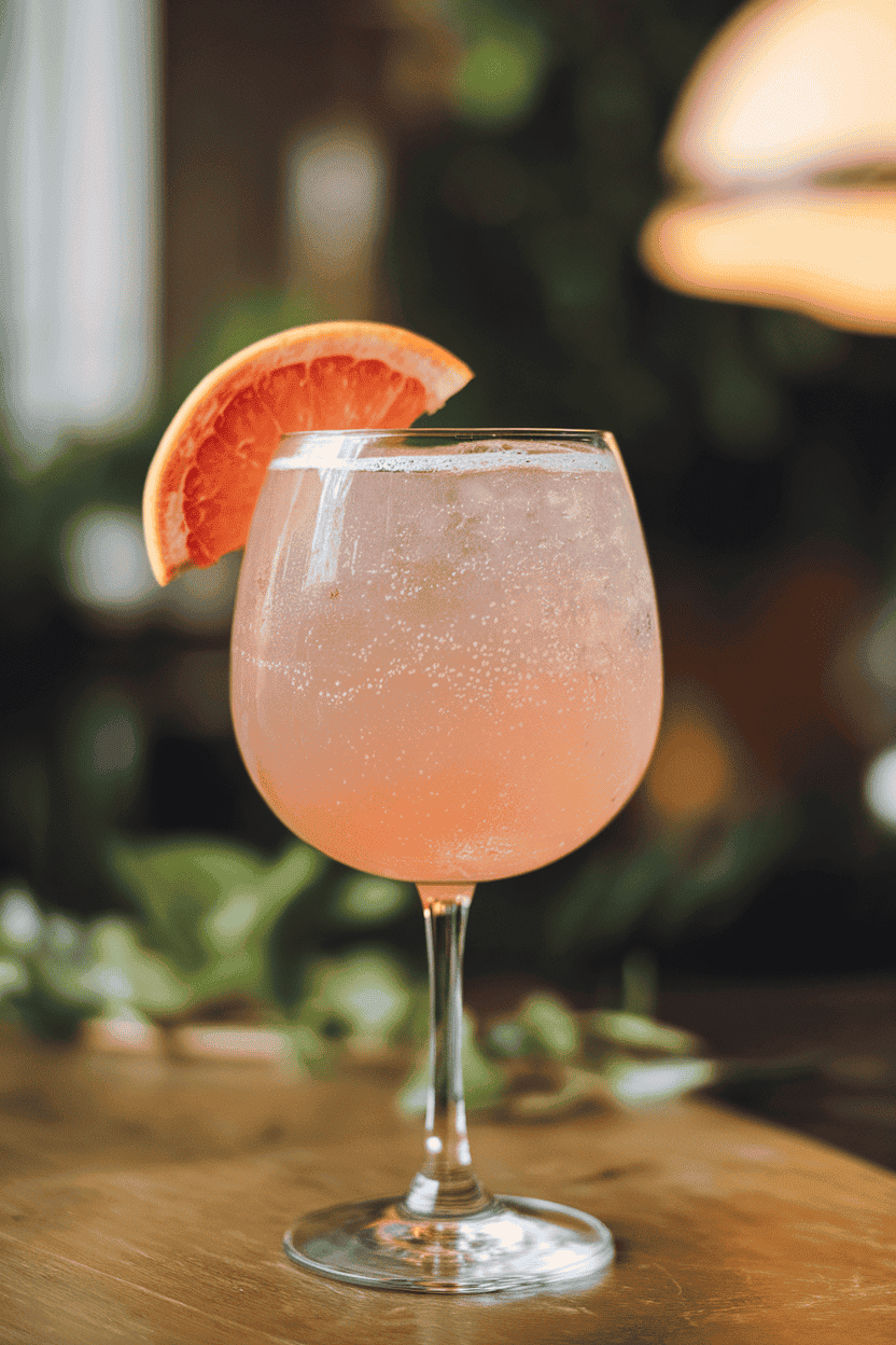 Photo, indoors, a tall Collins glass with pale pink paloma, a grapefruit wedge perched on the rim, fine bubbles visible. No text or logos.