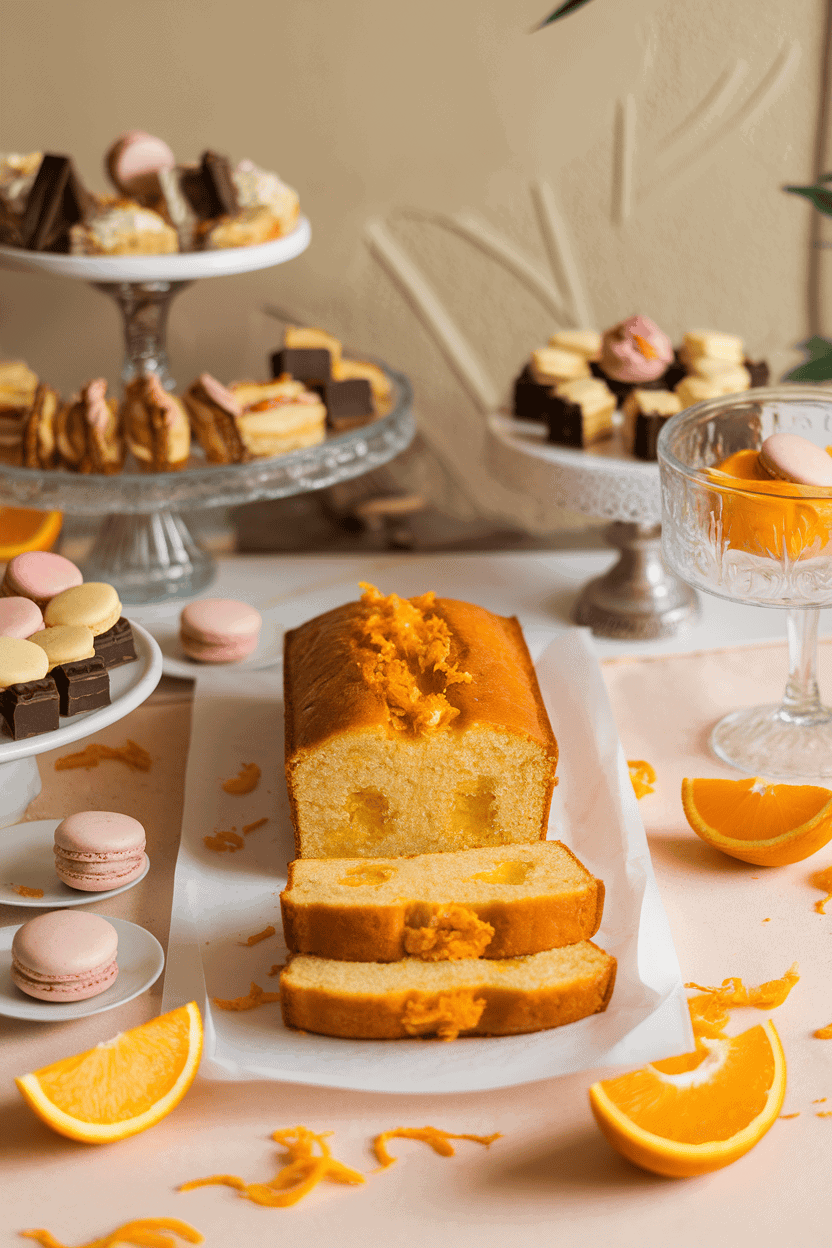 Indoor dessert table with a golden loaf cake sliced to reveal moist crumb, orange zest scattered around. No text or logos present.