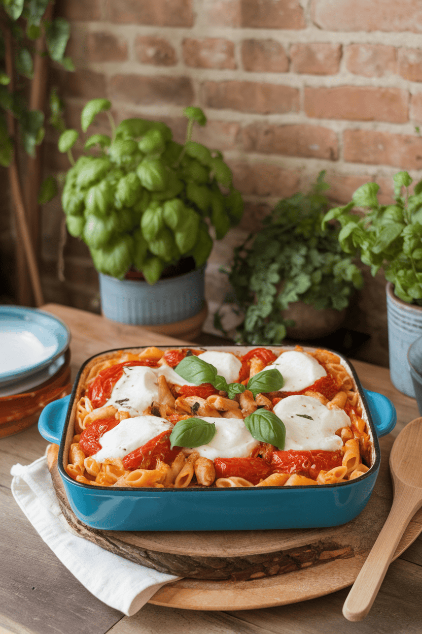 Photo of an indoor dining table featuring a casserole of penne, diced chicken, roasted tomatoes, fresh mozzarella melted on top, basil leaves added after baking. No text or logos in view.