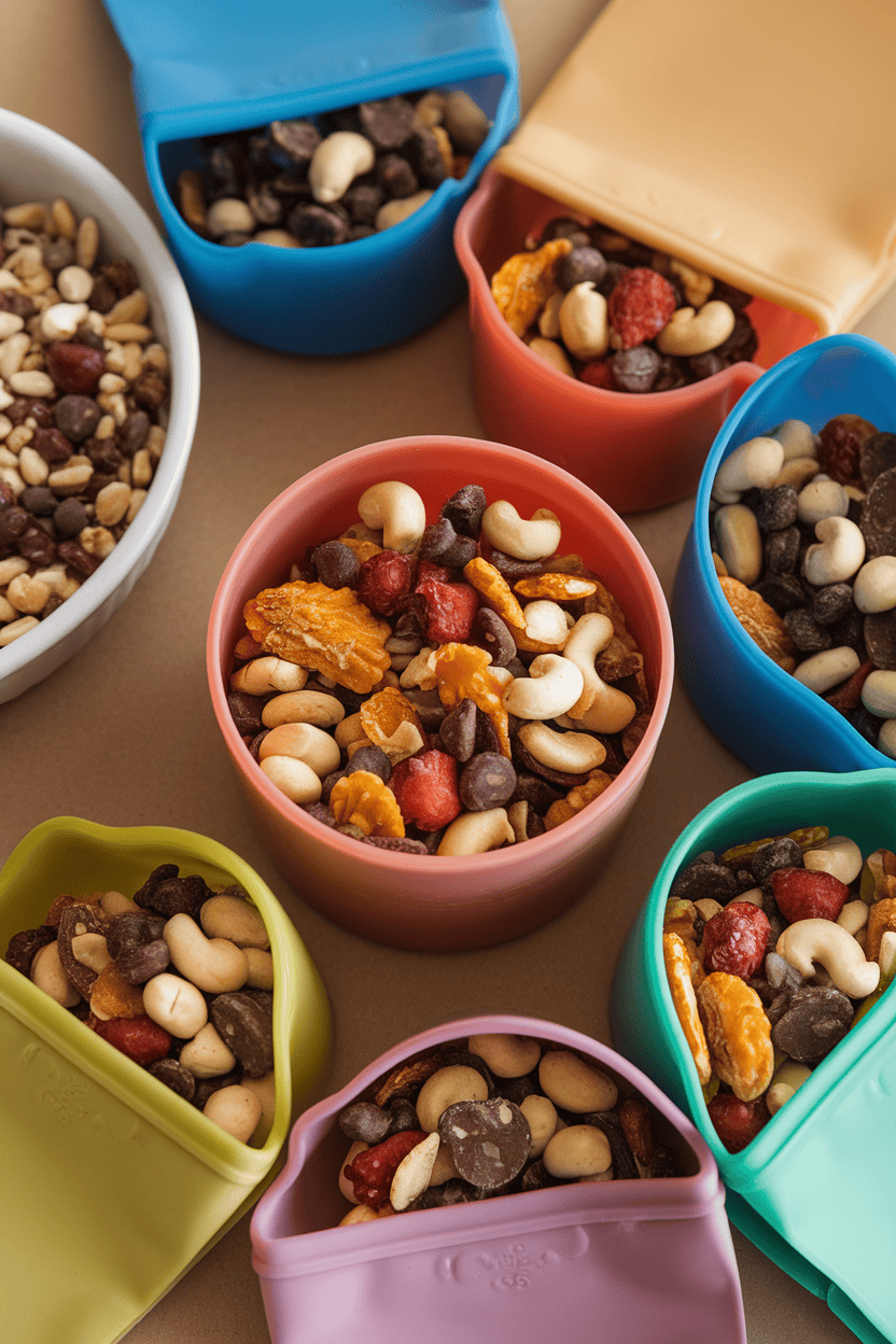 Indoor tabletop image of several reusable silicone snack bags filled with colorful trail mix—nuts, dried fruit, chocolate chips. Even lighting, logo-free scene.