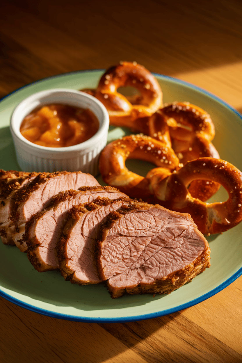 An indoor plate with sliced roast pork tenderloin, a small ramekin of apple butter, and soft pretzel bites arranged neatly; warm light; no text or logos; photo only.