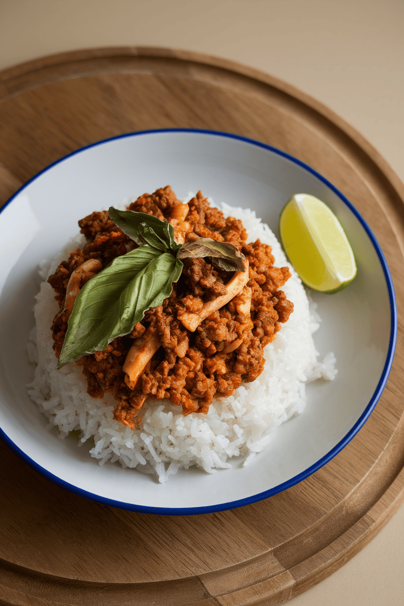 An indoor plate of jasmine rice topped with spicy ground beef and wilted Thai basil leaves, a lime wedge on the side; photo, no text or logos.