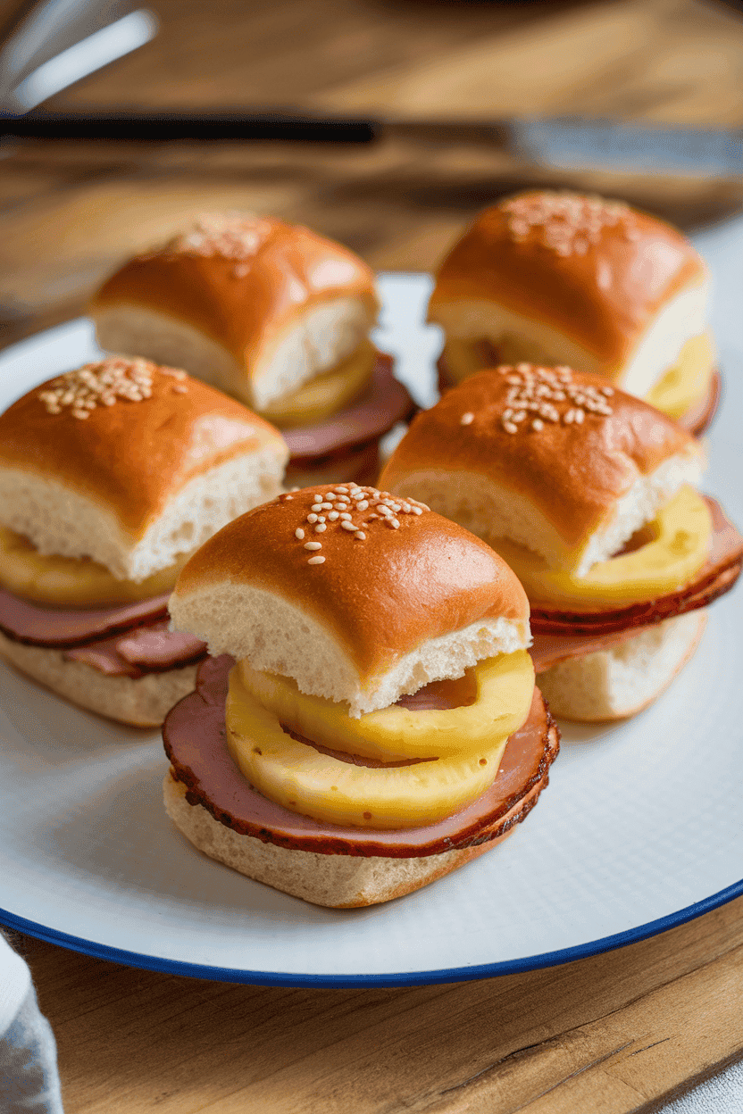 Indoor photo of mini sliders with glazed ham and pineapple rings on sweet buns, no text or logos.