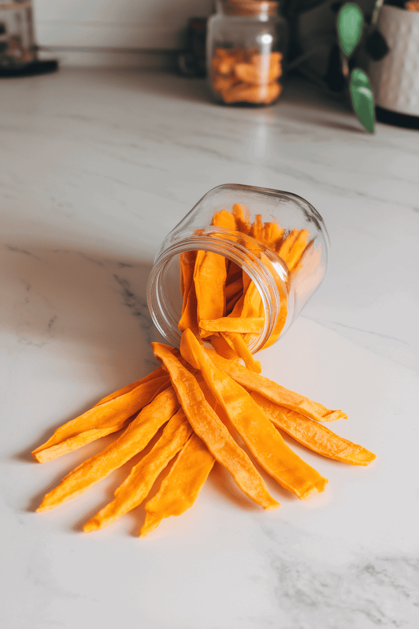 Indoor glass jar tipped over, spilling bright orange dried mango strips onto a white marble countertop. Soft indoor lighting, no text or logos, photo only.