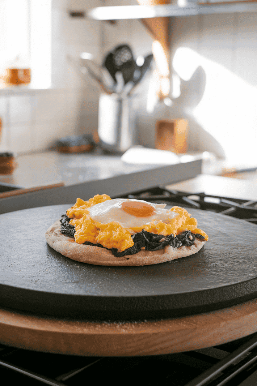An indoor pizza stone with a pita bread topped by scrambled eggs, spinach, and melted mozzarella; no text or logos visible, bright kitchen lighting. Photo, not illustration.