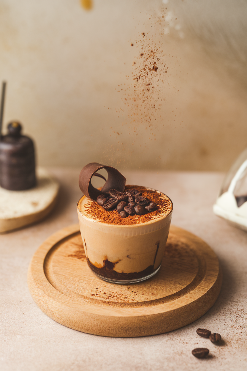 A small pot de crème topped with espresso beans and a chocolate curl, photographed indoors. Photo, no text or logos present.
