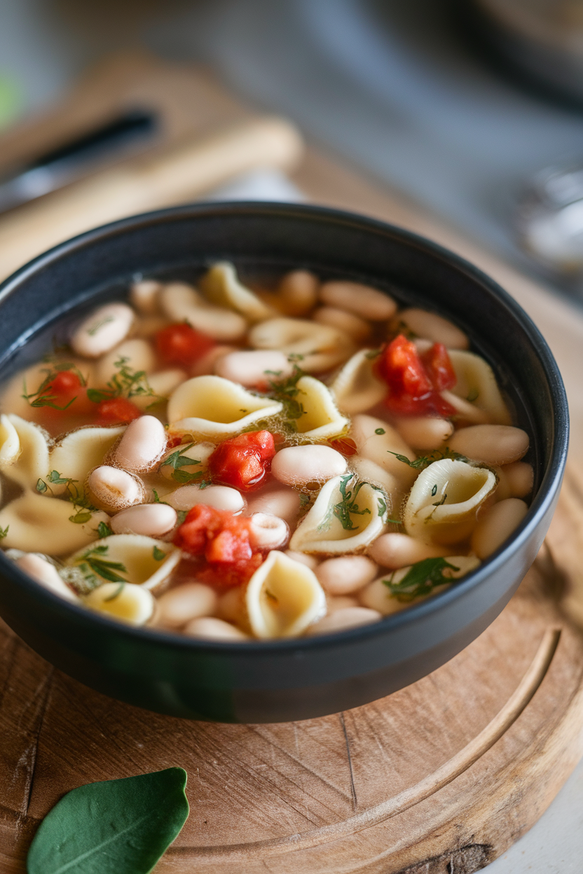Indoor photo of a soup bowl filled with small pasta shells, white beans, diced tomatoes, and herbs in a light broth. No text or logos visible.