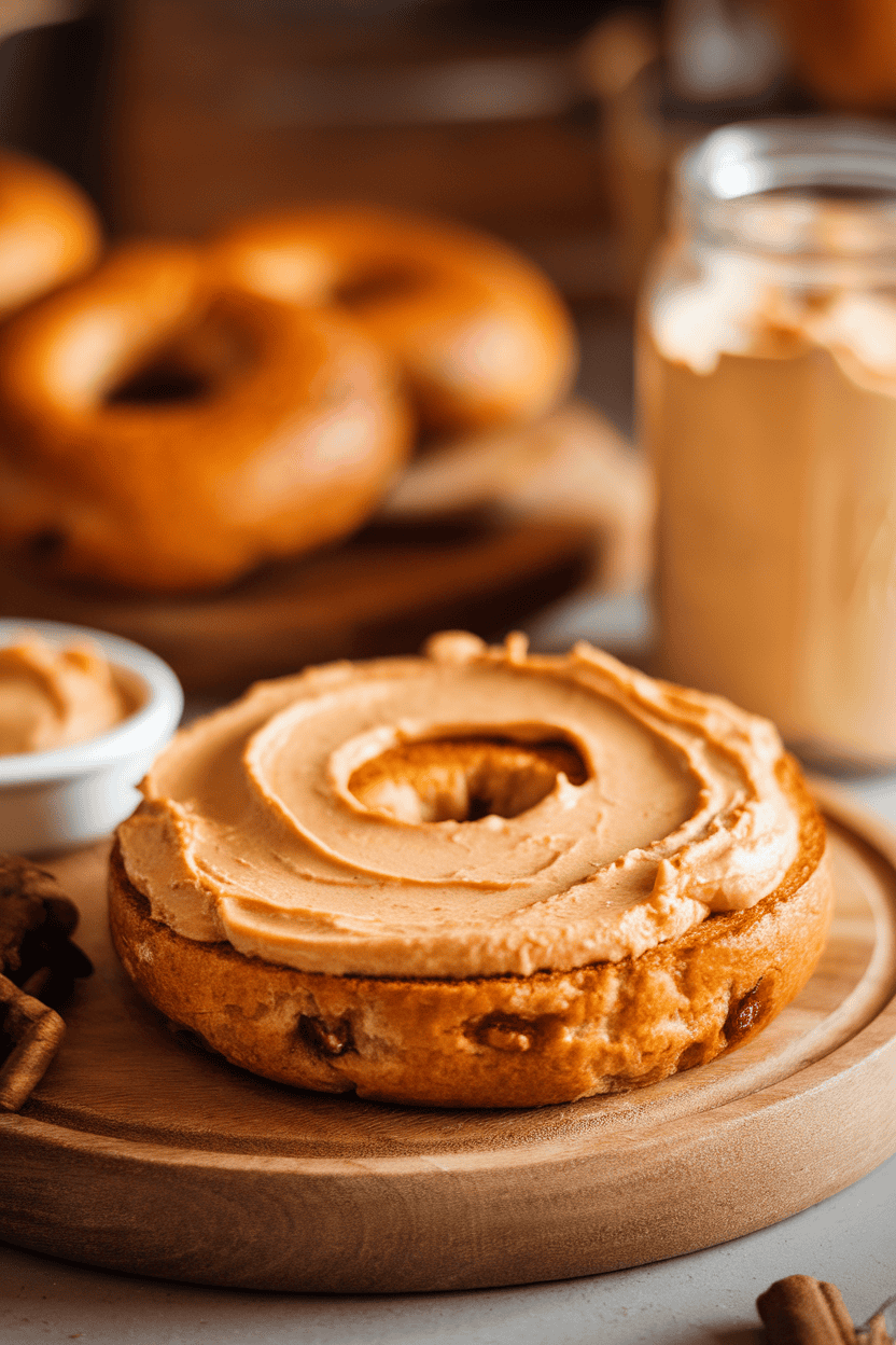 Indoor photo of a cinnamon raisin bagel generously spread with pumpkin spice cream cheese, a small dish of extra spread beside it. Warm light, no logos.