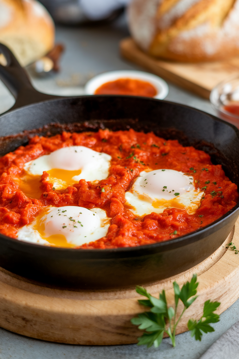 Indoor photo of a cast-iron skillet filled with tomato-pepper sauce and poached eggs, yolks still runny, garnished with parsley. No text or logos on cookware or linens.