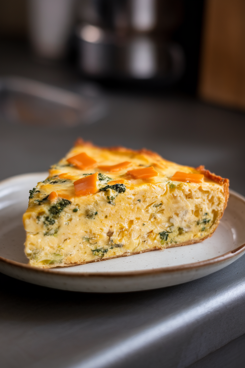 Indoor photo of a slice of broccoli cheddar frittata on a plain white plate, flecks of green broccoli visible in the fluffy egg. Soft kitchen lighting, no text or logos.
