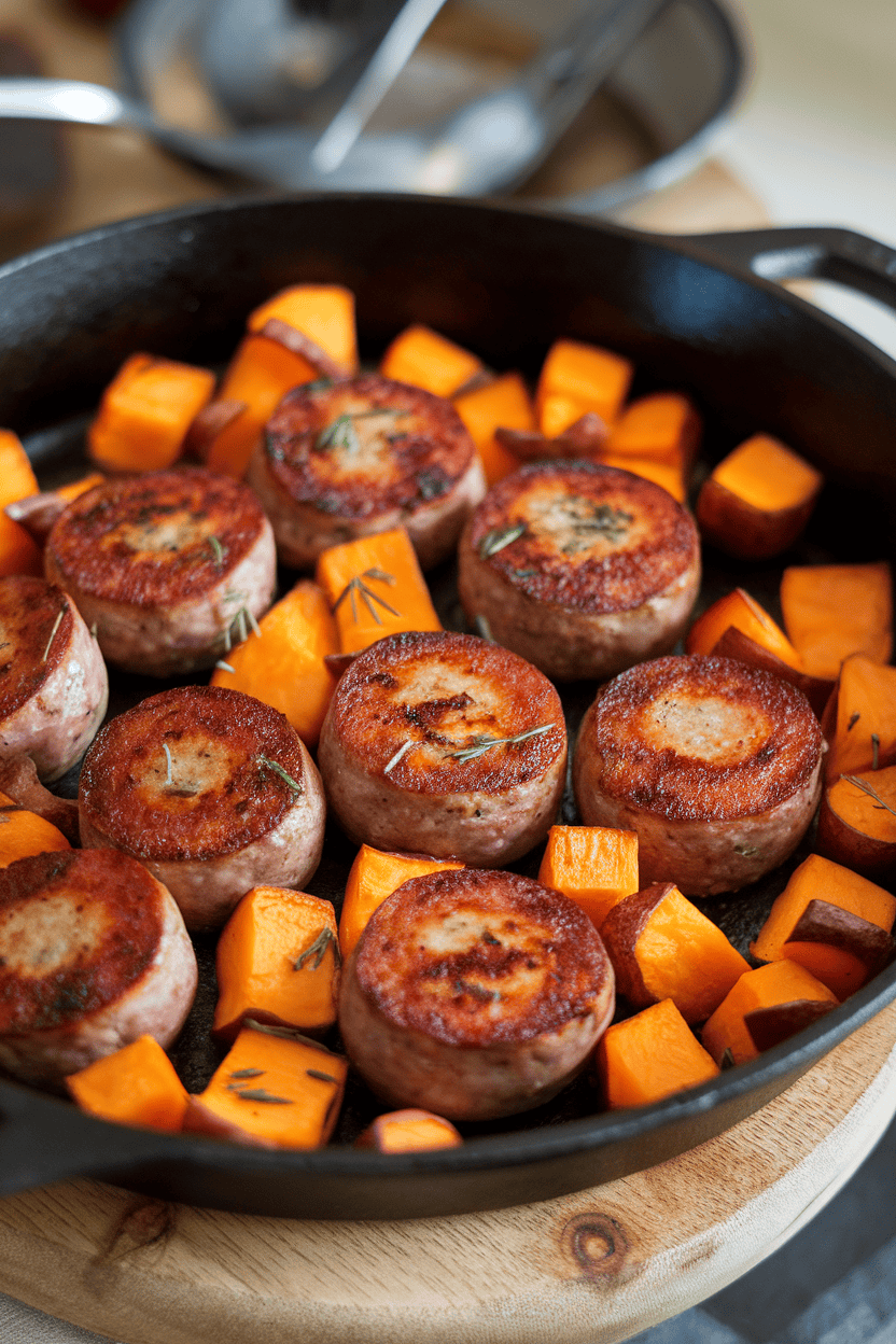 Indoor cast-iron skillet filled with browned sausage rounds and roasted sweet potato cubes, herbs sprinkled lightly. No text or logos.