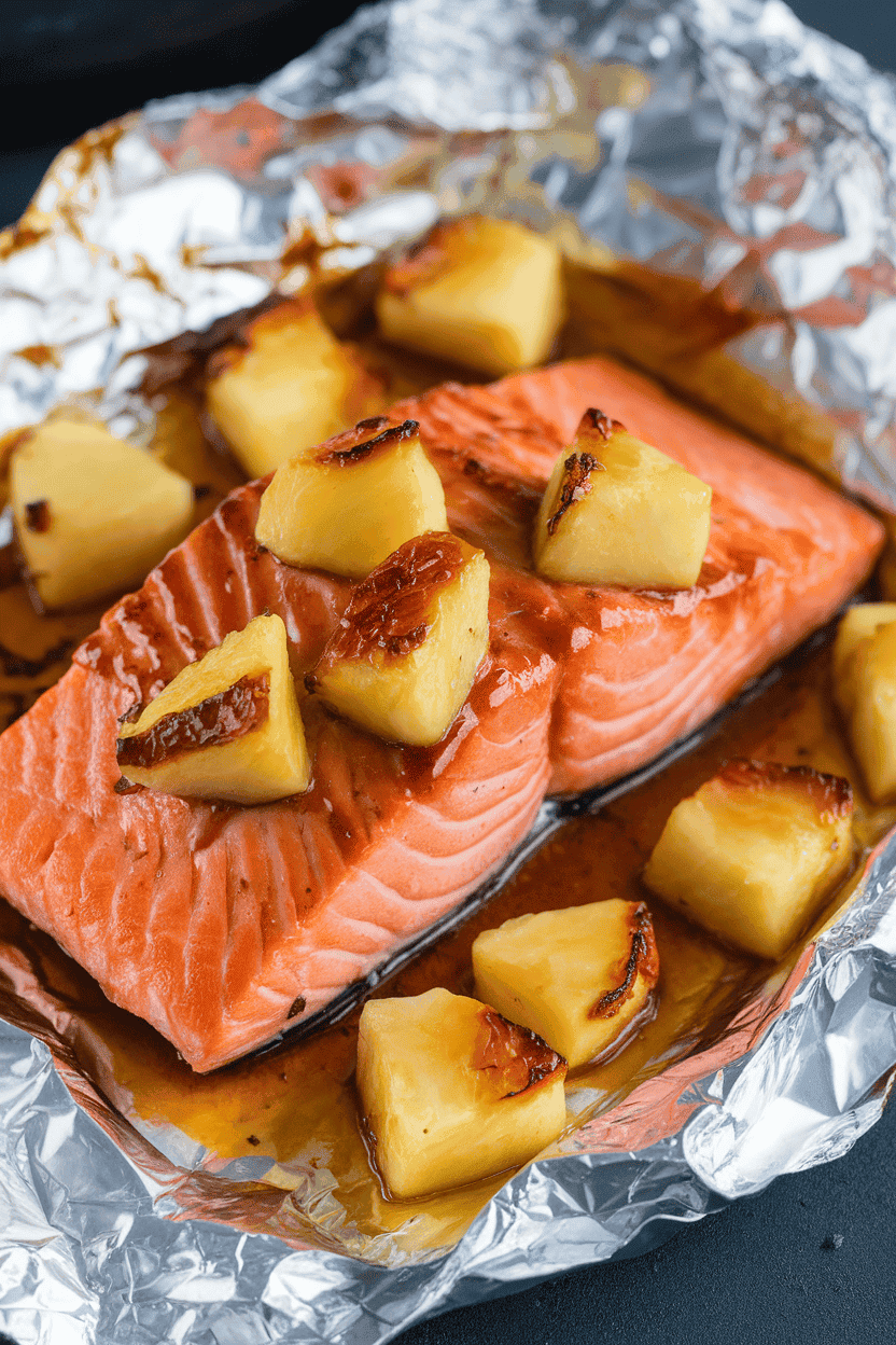 Indoor photo of cooked salmon glazed with teriyaki sauce, topped with caramelized pineapple chunks, all on crinkled foil. No text or logos present.