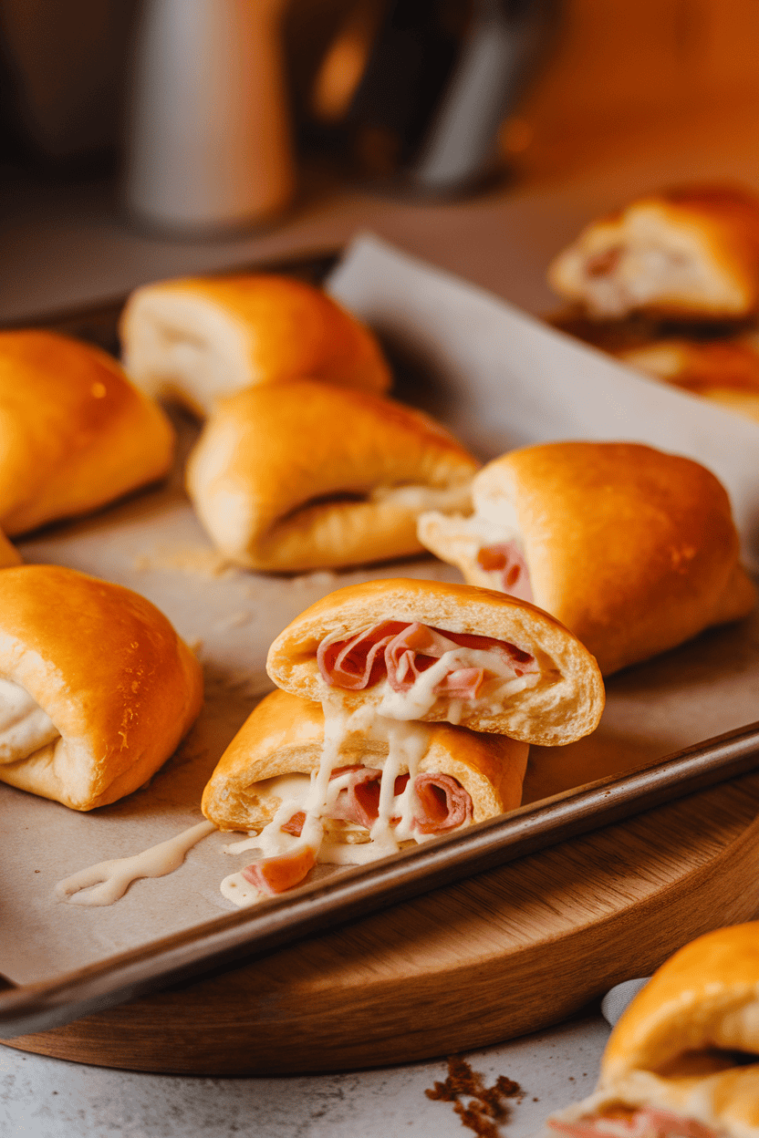 Indoor photo of golden crescent rolls on a baking sheet, a few split open to reveal melted cheese and ham strips. No logos anywhere in sight.