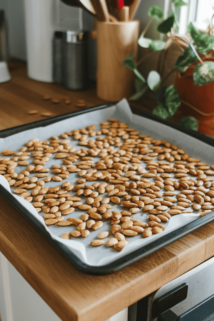 A baking sheet resting on an indoor countertop with freshly roasted pumpkin seeds coated in cinnamon and a touch of maple syrup, golden and aromatic. No text or logos. Photo only.