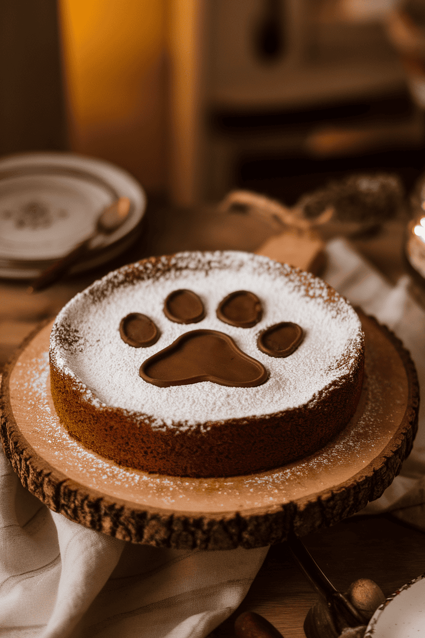 An indoor rustic wooden board with a round brownie cake featuring large chocolate “paw” prints pressed into powdered sugar topping, lit warmly. No text or logos visible; photograph.