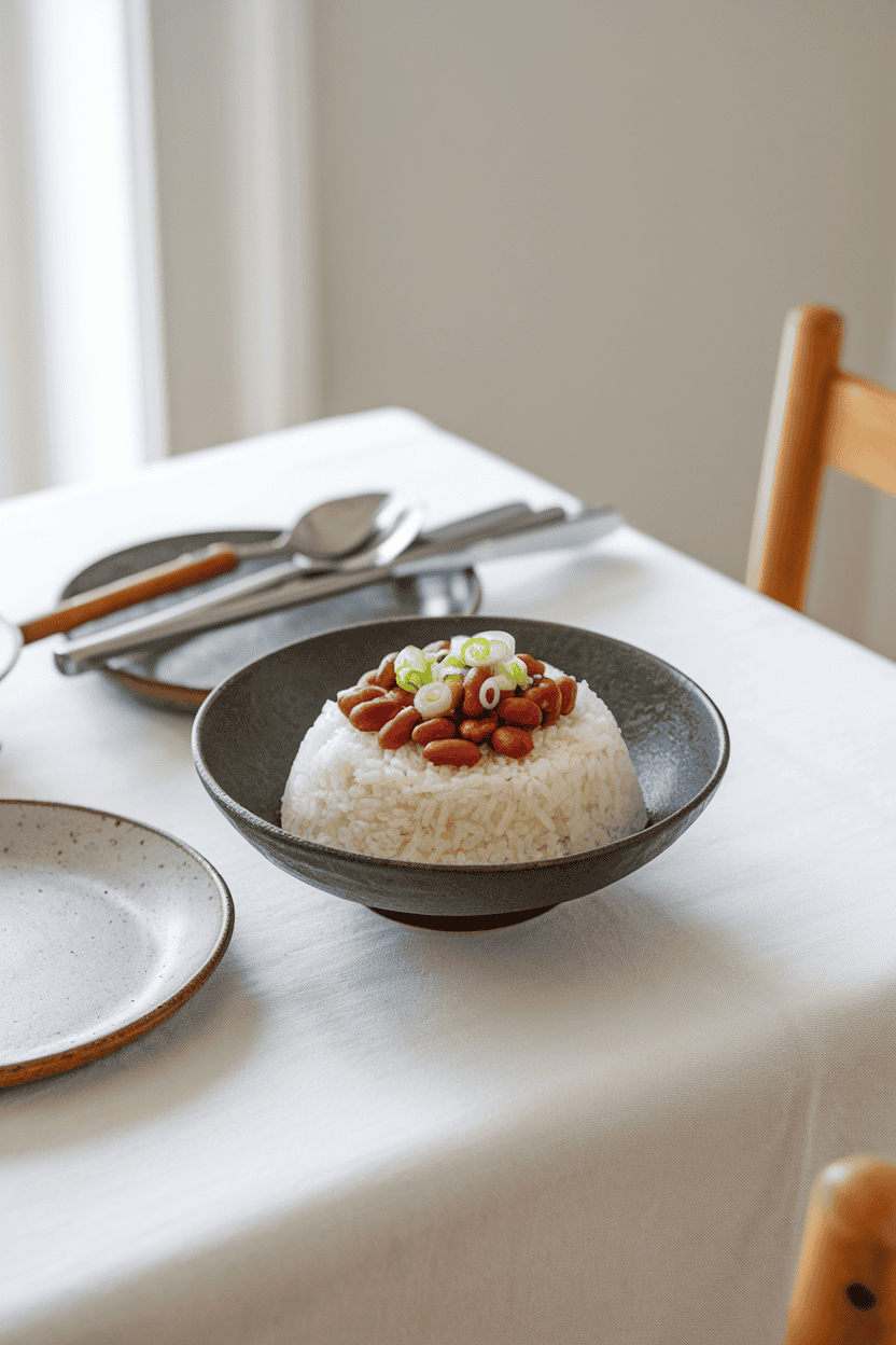 An indoor table set with a bowl of fluffy coconut rice topped with red kidney beans and sliced green onions. No text or logos visible.