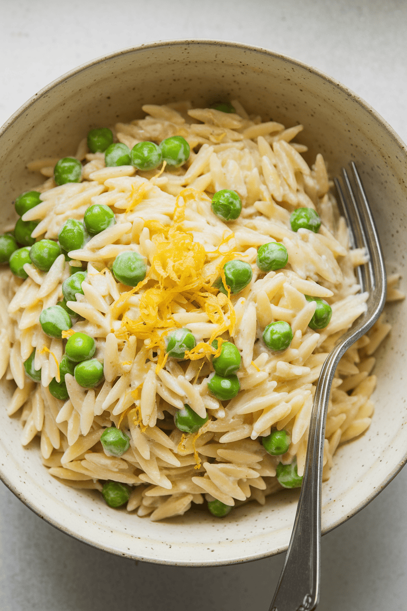 Indoor shallow bowl of creamy orzo pasta, bright green peas and lemon zest visible, fork resting on edge. No logos or text.