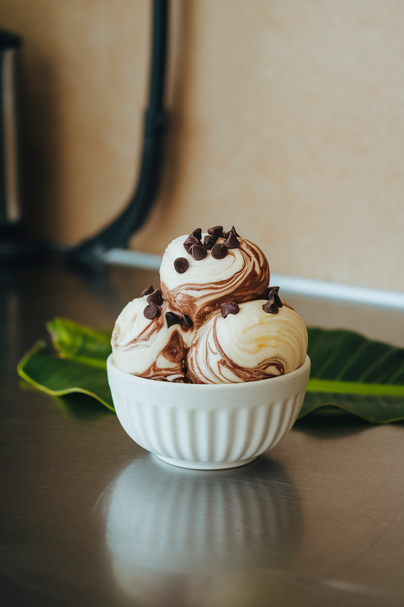 A bowl of swirled banana nice cream with dark chocolate chips, photographed on an indoor kitchen counter. Photo, no text or logos anywhere.