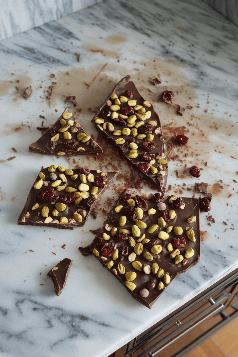 An indoor marble countertop with broken shards of dark-chocolate bark studded with pistachios, sunflower seeds, and dried cherries. Overhead lighting; no text or logos; photo, not illustration.