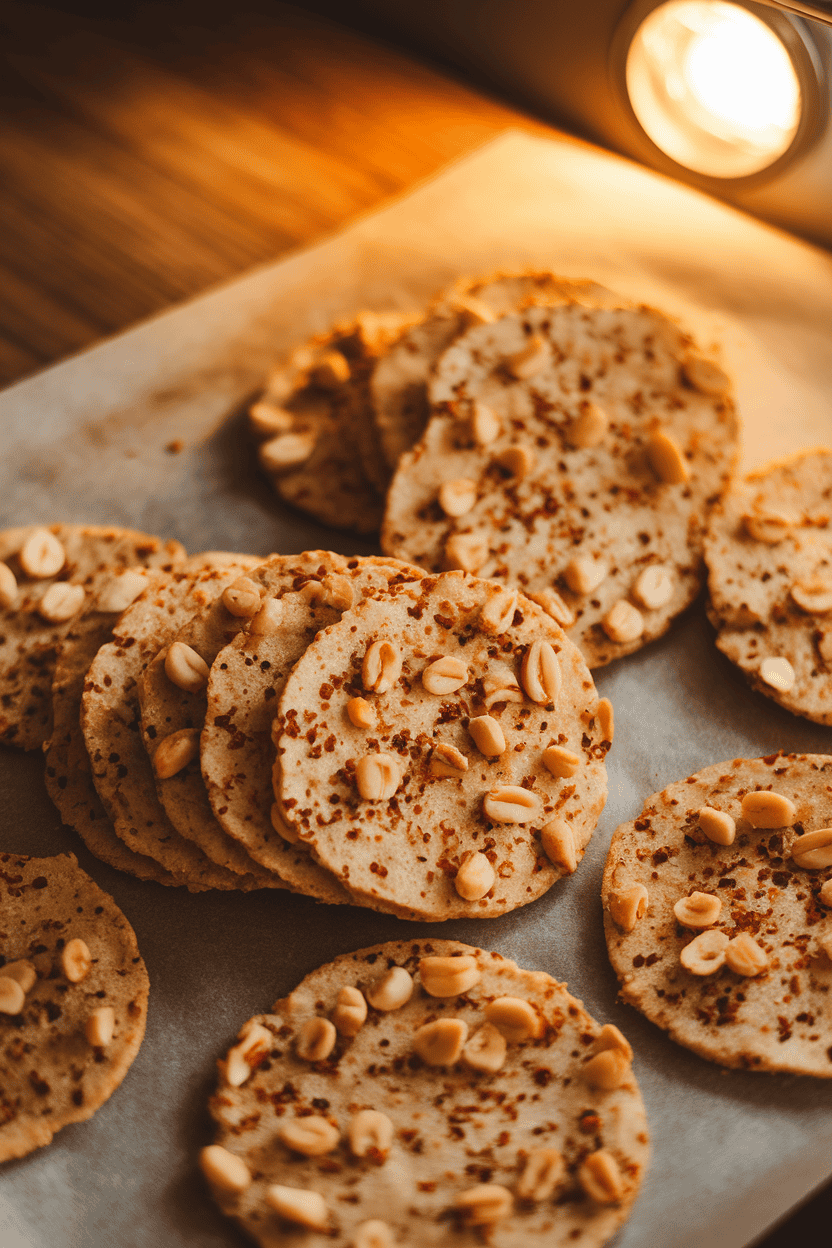 Indoor photo of thin, round cracker-like cookies speckled with peanuts and chili flakes, fanned out on parchment, warm oven light, no text or logos