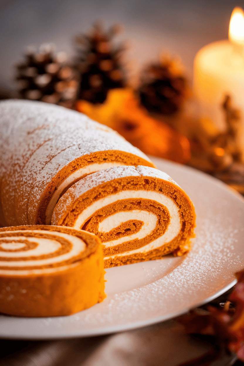 Indoor photo of a spiraled pumpkin roll dusted with powdered sugar, two slices cut to reveal the cream cheese filling; soft autumnal lighting; no text or logos